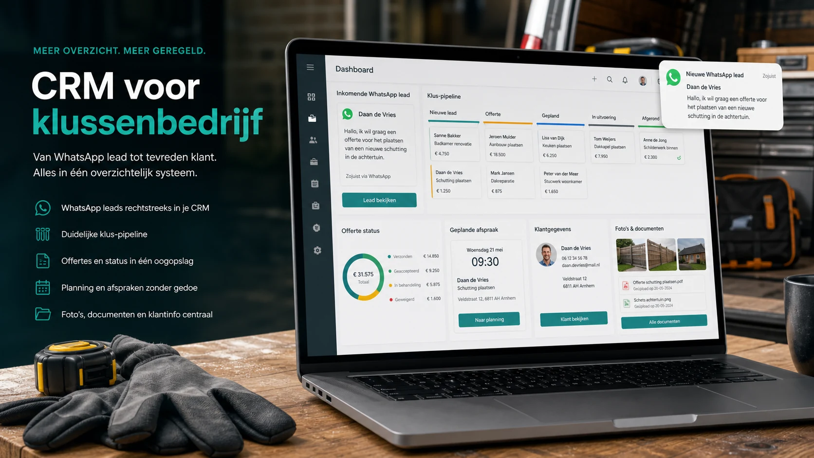 CRM dashboard for a contractor business with leads, quotes, planning, and customer job files