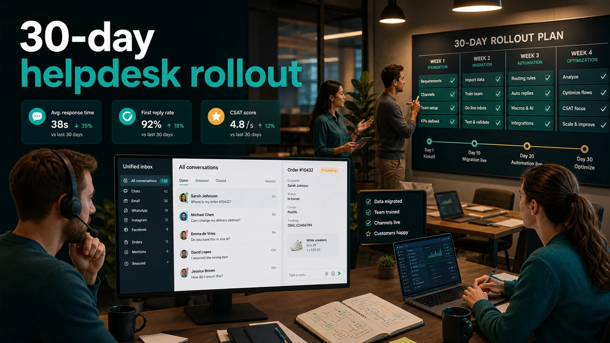 30-day implementation plan for an ecommerce helpdesk with inbox, order context, and routing