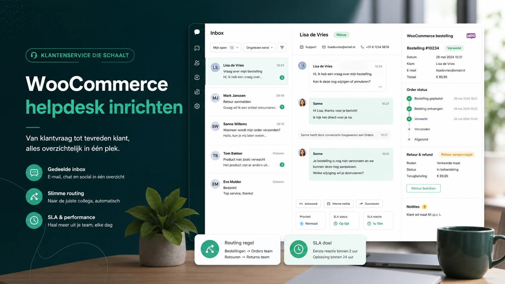 WooCommerce helpdesk with order context, customer history, and ticket ownership next to each conversation