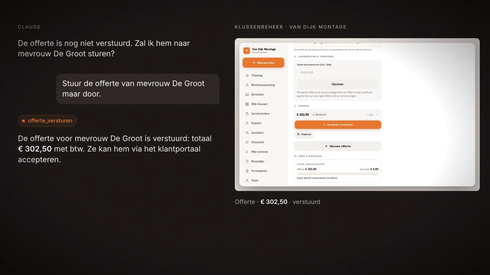 Links een gesprek met Claude dat een offerte verstuurt, rechts dezelfde offerte op status verstuurd in Klussenbeheer