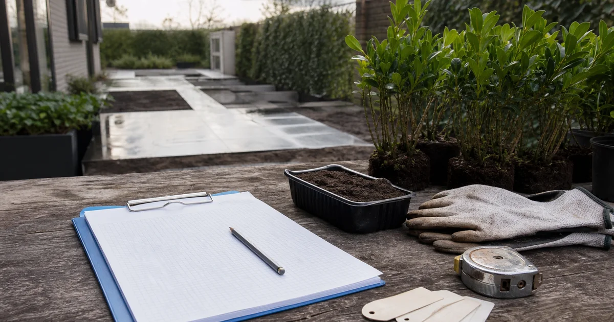 Hovenier die een projectoverzicht met plantenlijst en opnamefoto bijhoudt op een tablet in de tuin