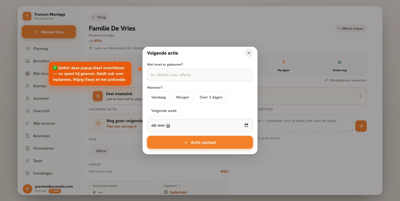 De Volgende actie-popup die nu gewoon opent op de klusdetailpagina