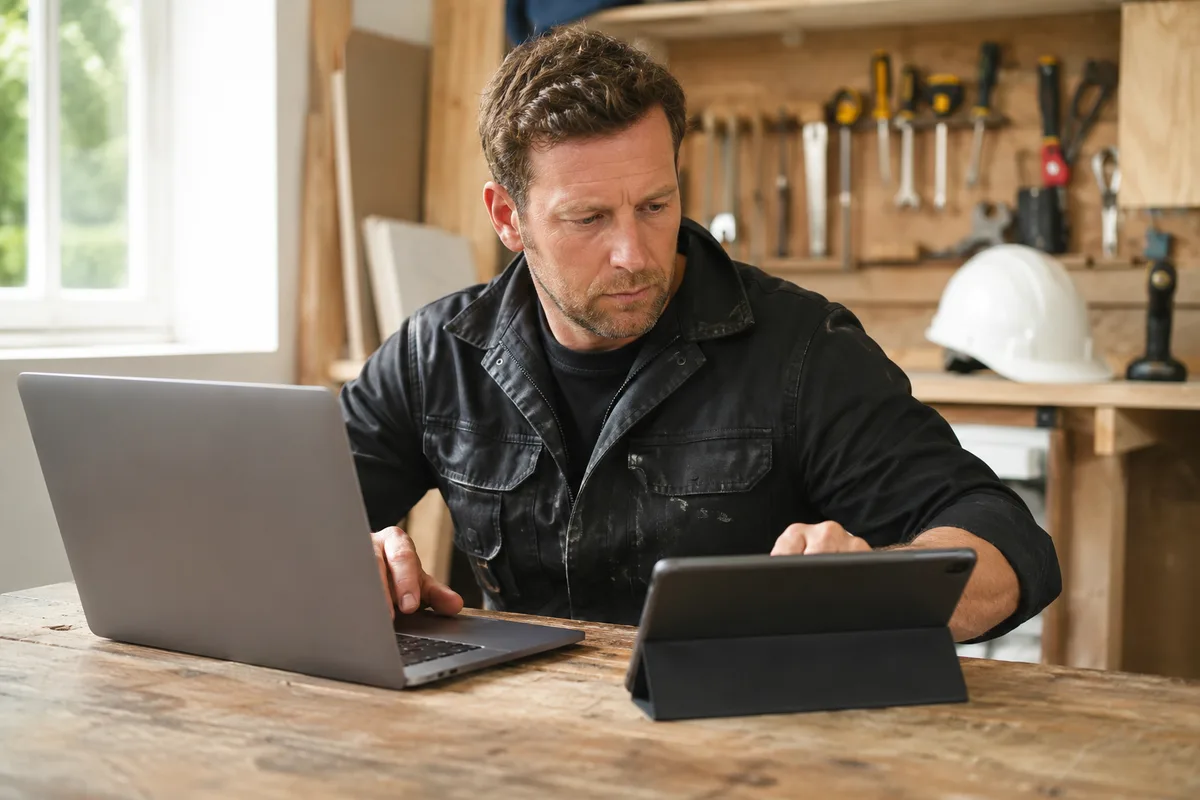 Vergelijking tussen Klussenbeheer en Stella voor een Nederlands klusbedrijf, naast elkaar op laptop en telefoon