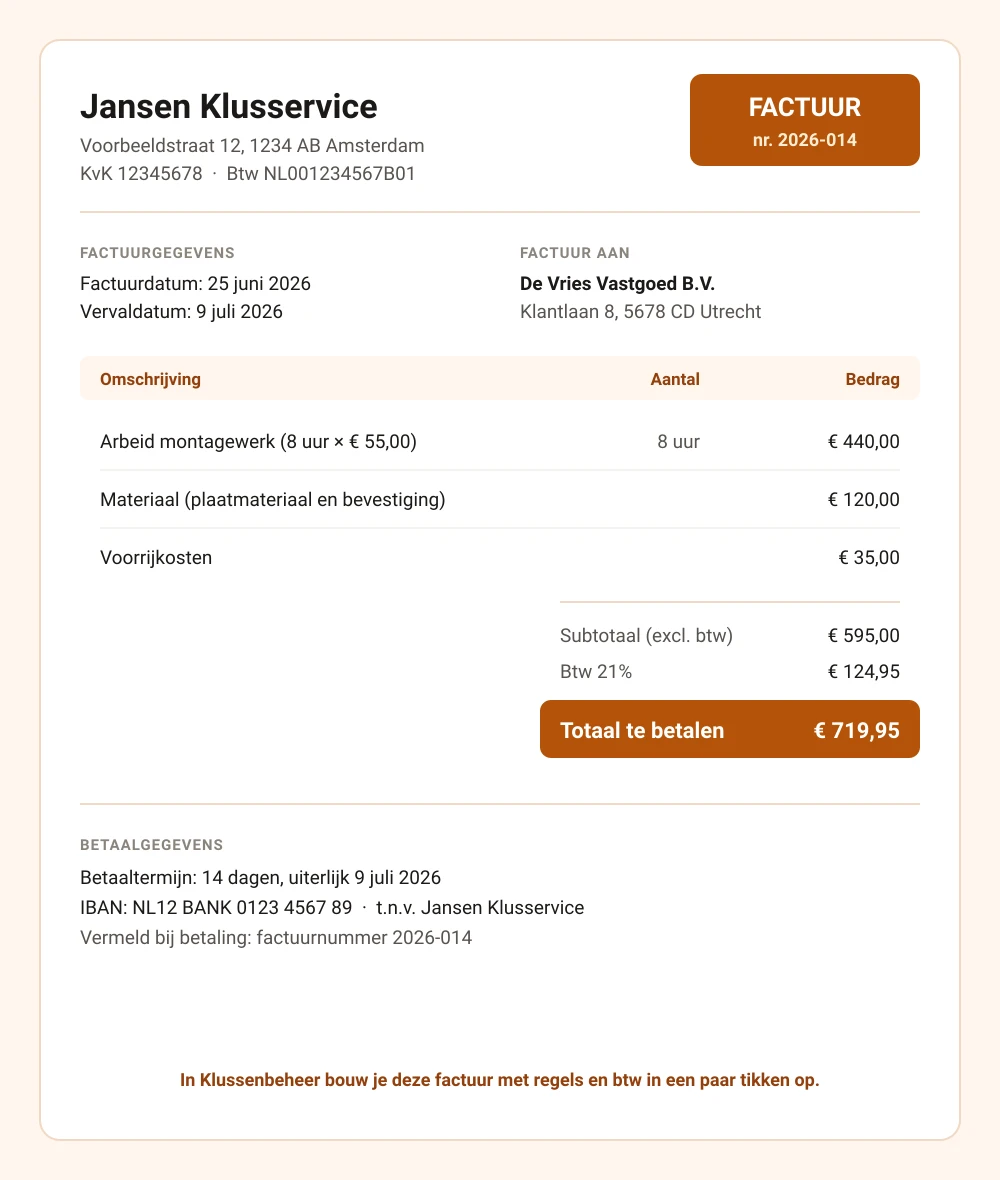 Voorbeeld van een nette zzp-factuur met bedrijfsgegevens, KvK- en btw-nummer, een uniek factuurnummer, regels met btw en een totaalbedrag