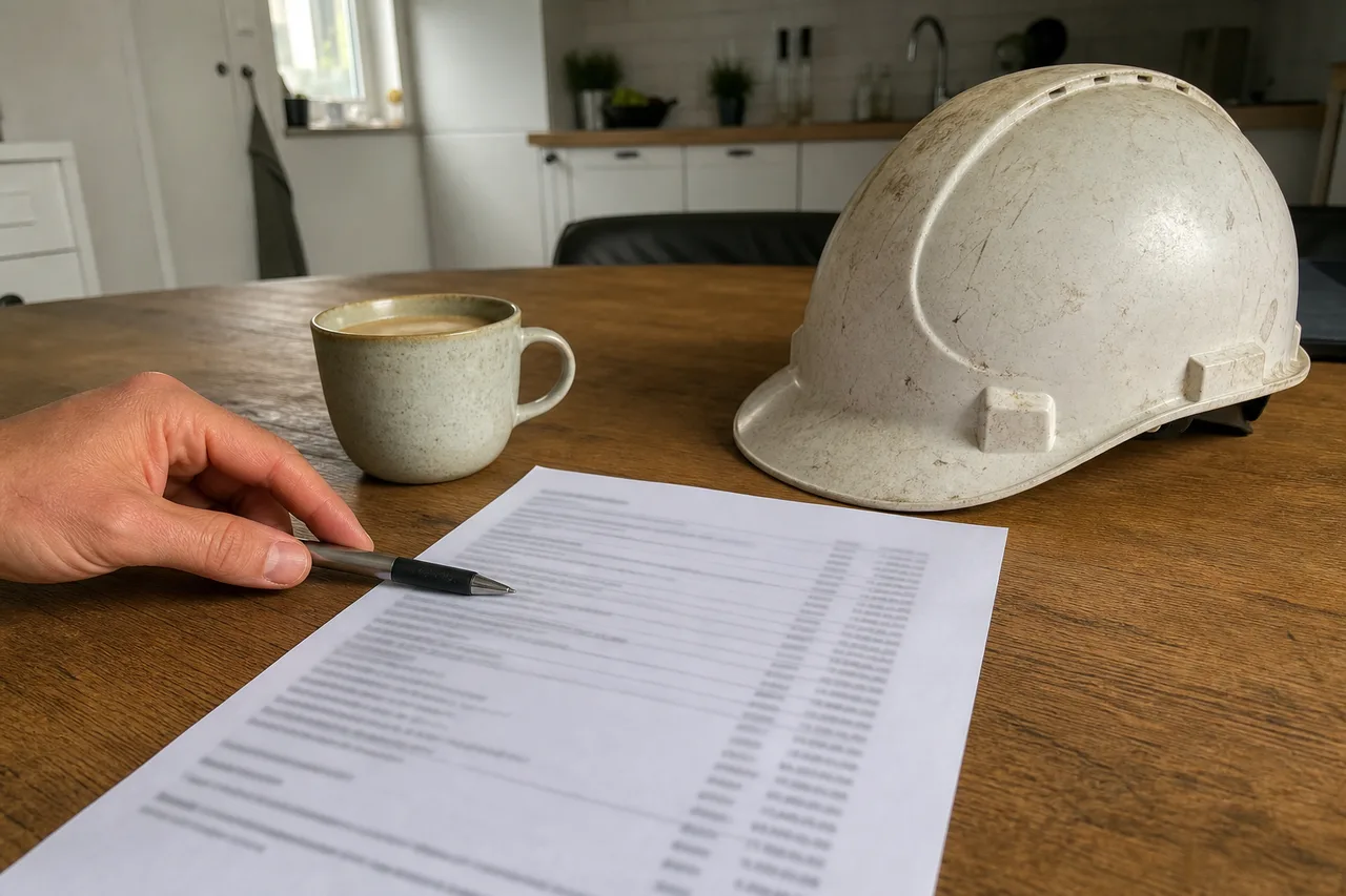 Uitgeprinte bouwofferte met regels en bedragen op een keukentafel, met een bouwhelm en een kop koffie ernaast