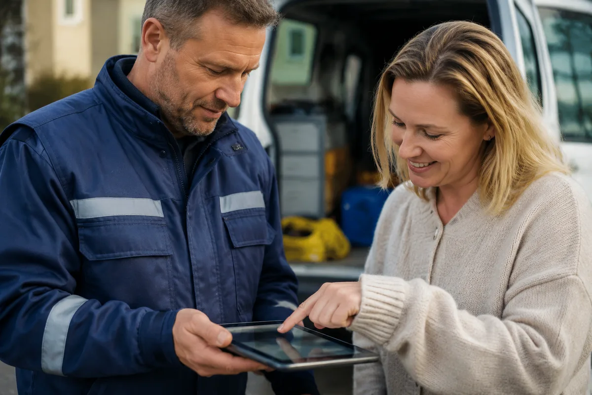 Een digitale werkbon op de telefoon met gewerkte uren, materiaal en foto's per klus in plaats van een papieren bonnenboekje