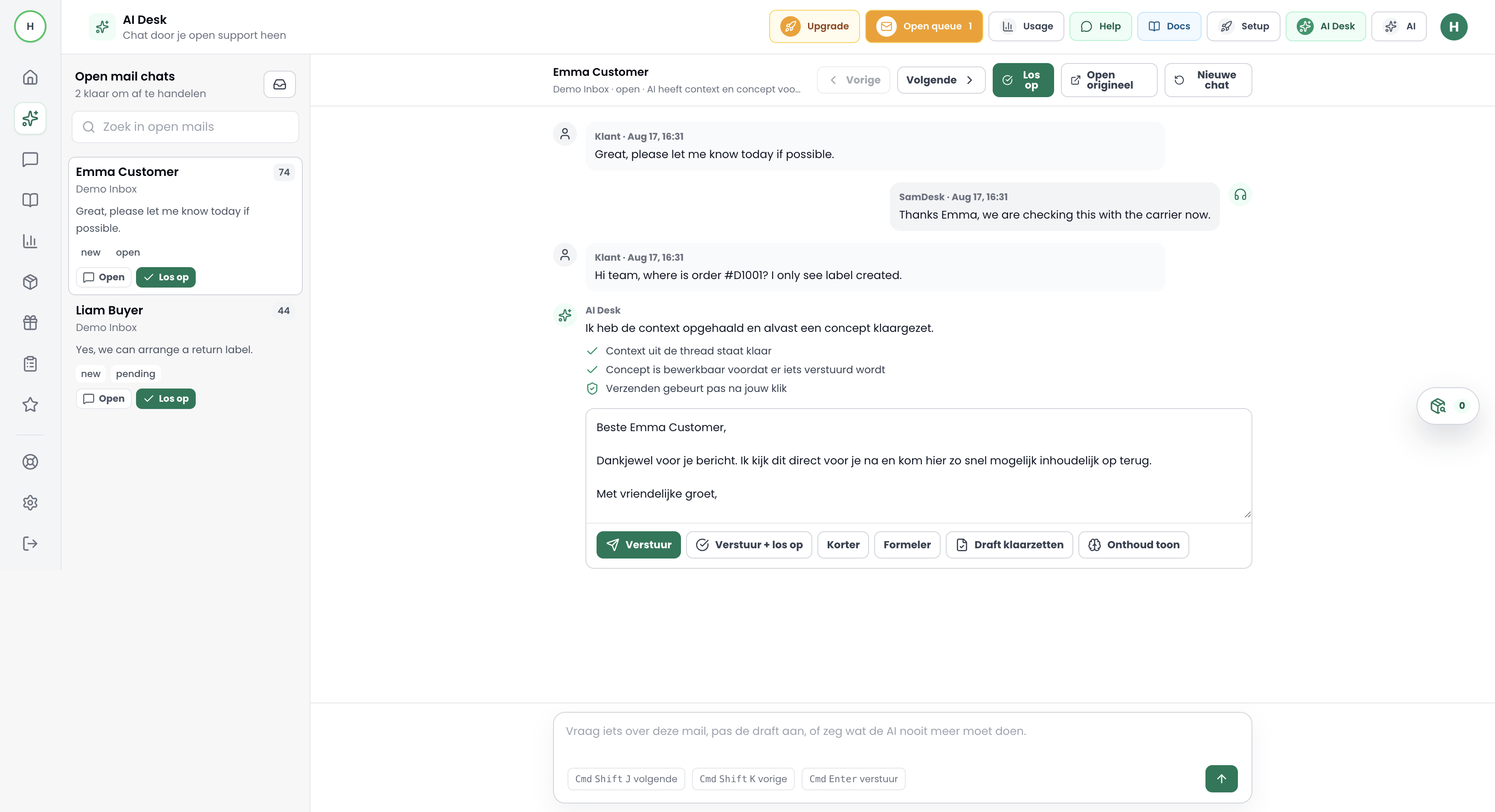 De AI Desk toont de opgehaalde context uit de e-mailthread en een bewerkbaar conceptantwoord, met knoppen om het korter of formeler te maken voordat het verstuurd wordt