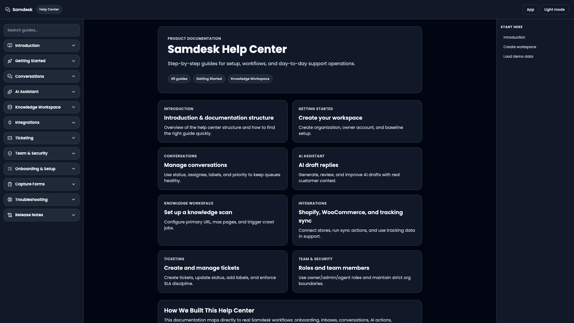 Help center home page in dark mode with a search field and categories for introduction, getting started, conversations, AI assistant, knowledge, integrations, ticketing and team