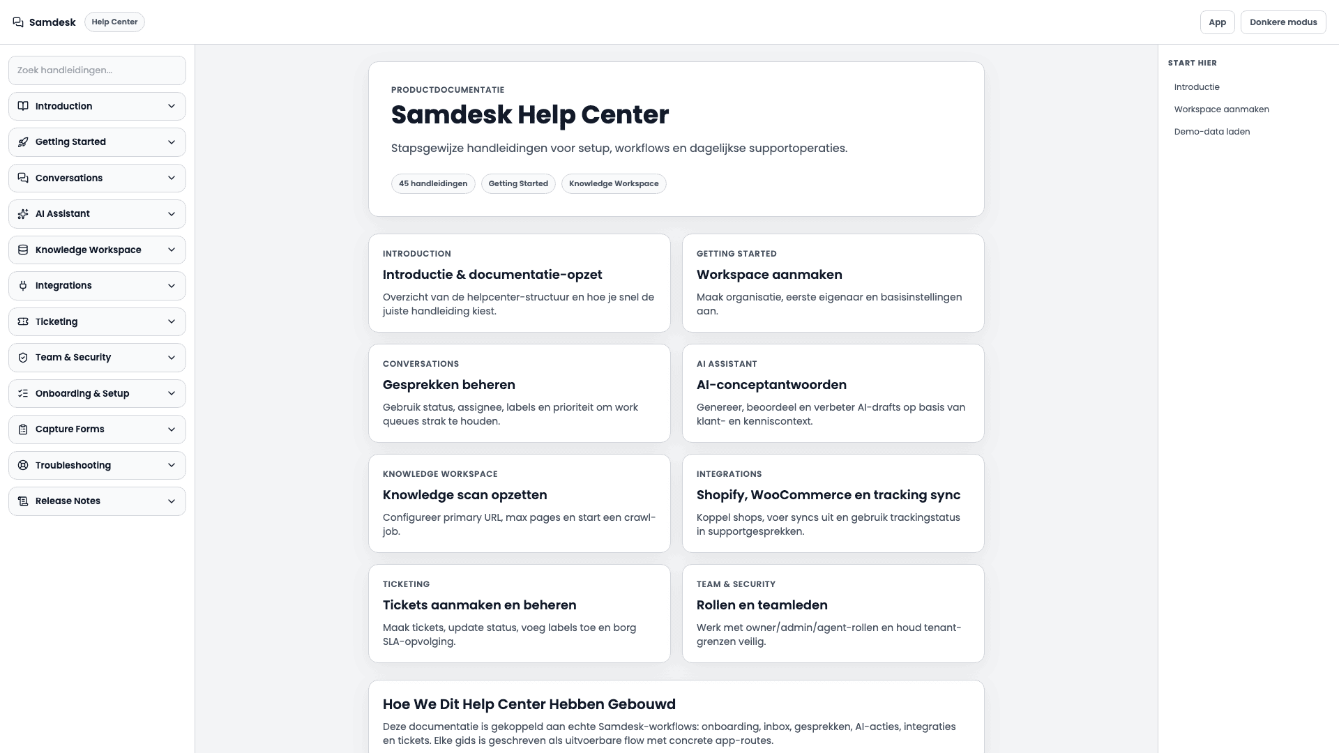 Nederlandstalig help center met een zoekveld en categorieën voor introductie, aan de slag, gesprekken, AI-assistent, kennisbank, koppelingen, ticketing en team