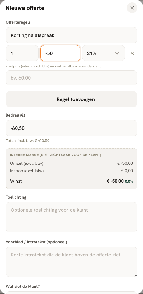 Stap 2 — Een negatieve regel maakt de korting controleerbaar.
