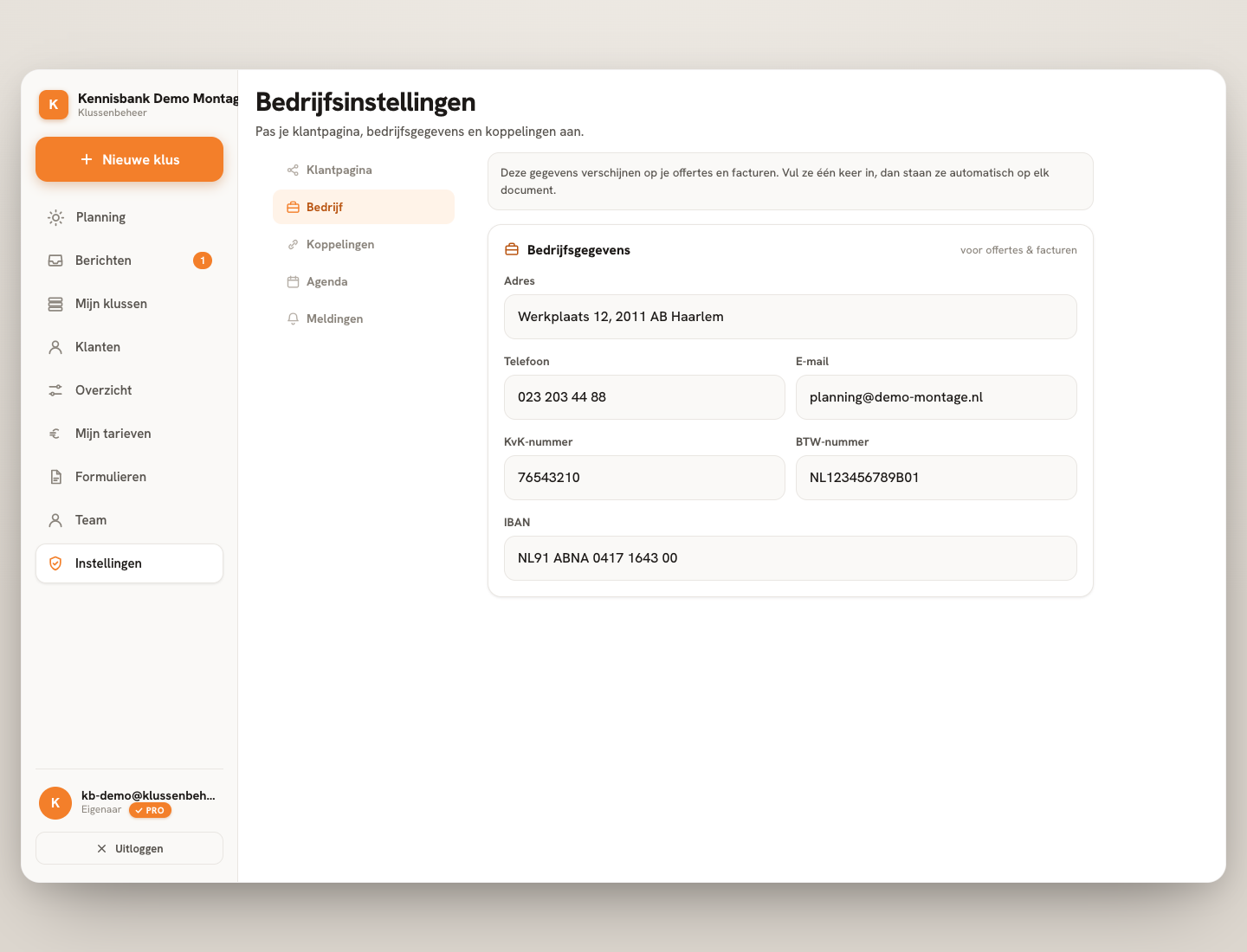 Stap 2 — Hier staan adres, telefoon, e-mail, KvK, btw en IBAN.
