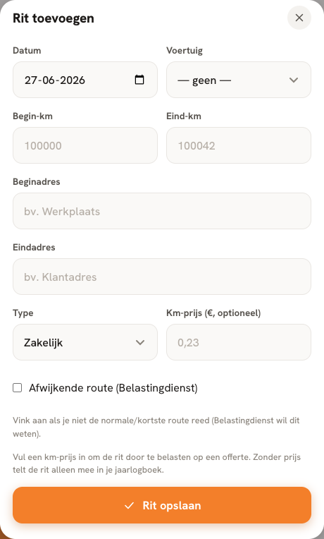 Stap 2 — Vul voertuig, datum, kilometerstanden en adressen in.