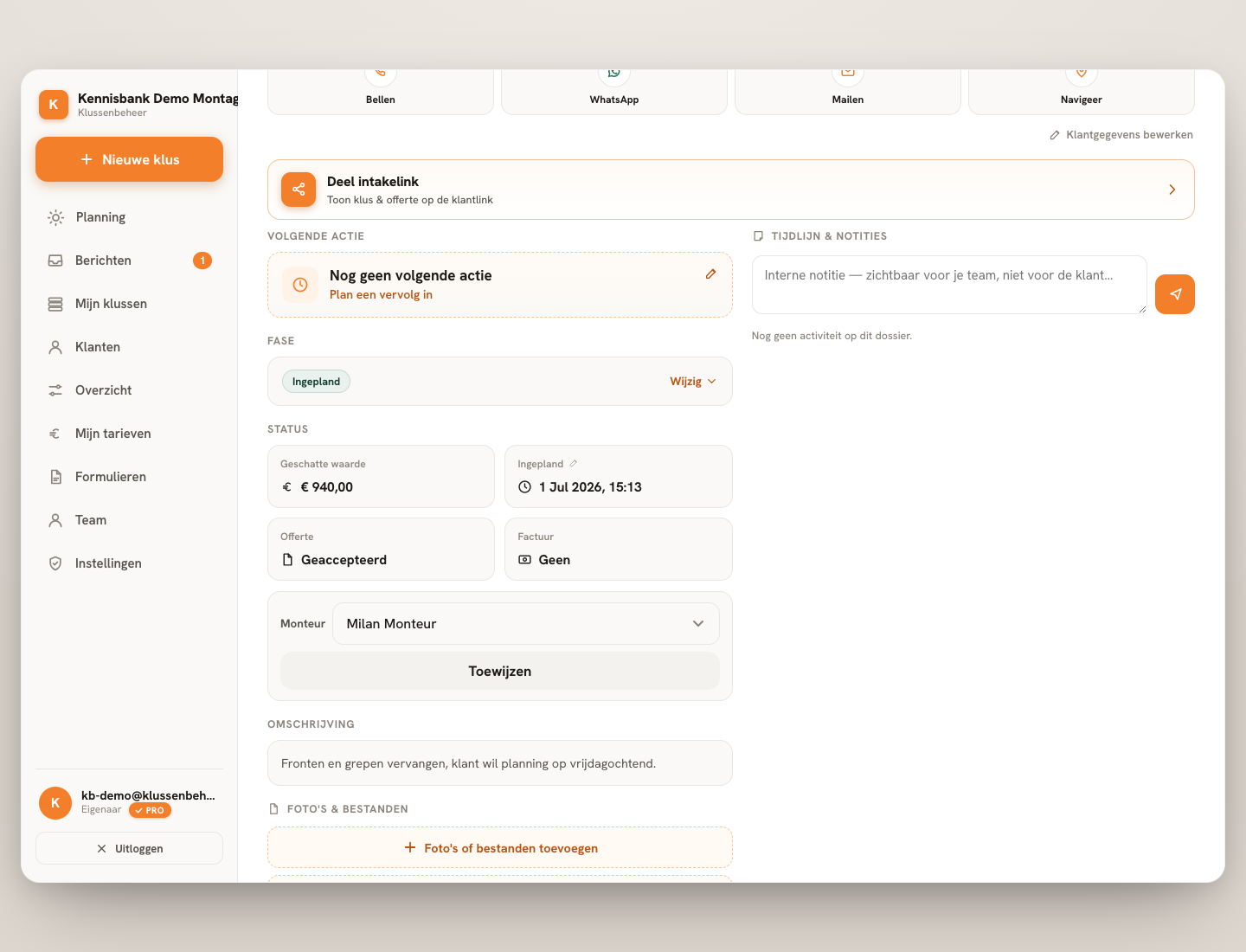 Stap 1 — De planning staat op dezelfde pagina als offerte en werkbon.