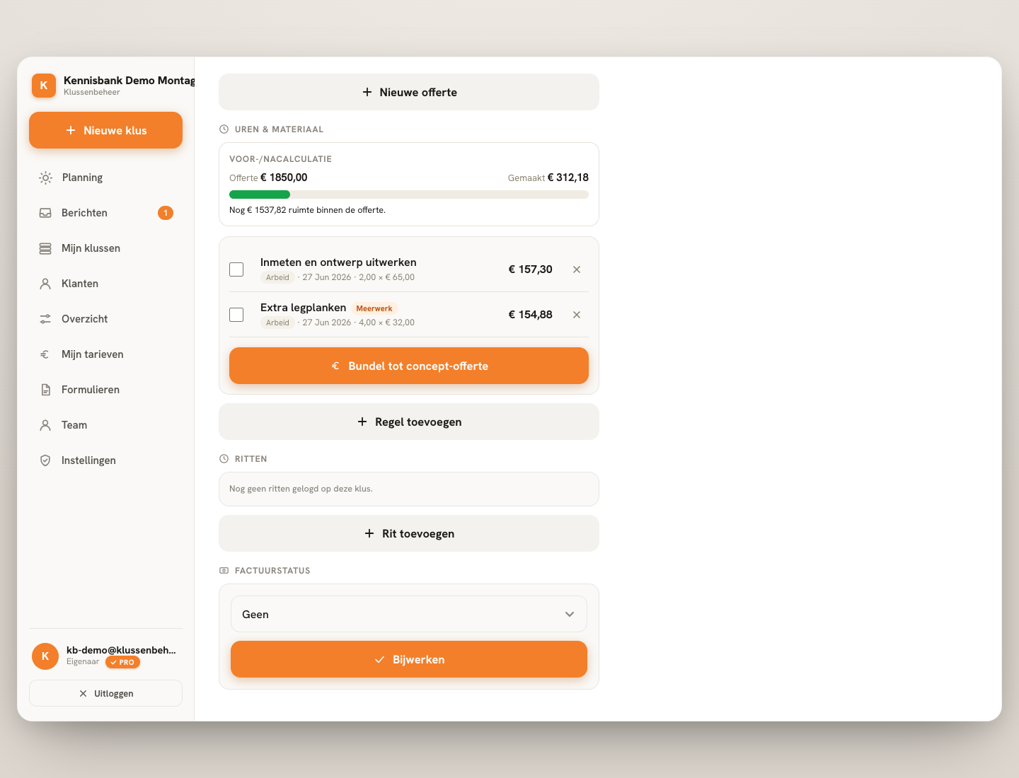 Stap 1 — Het dossier bevat de sectie Uren en materiaal.