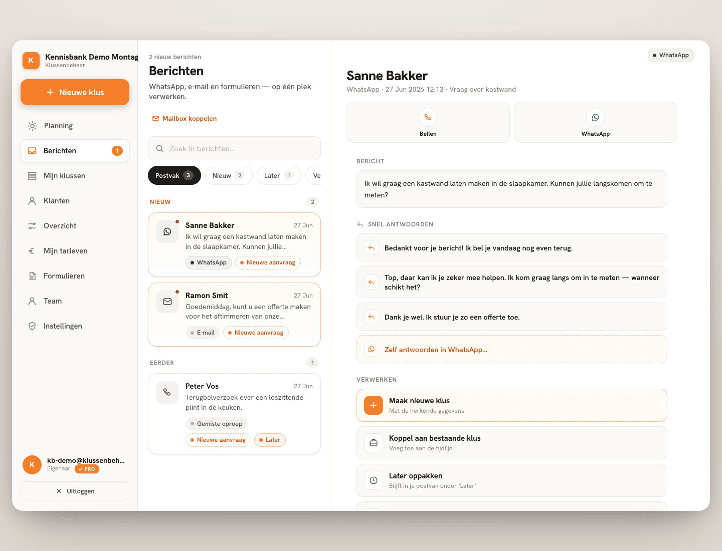 Stap 3 — Het detail toont de inhoud en verwerkingsknoppen.