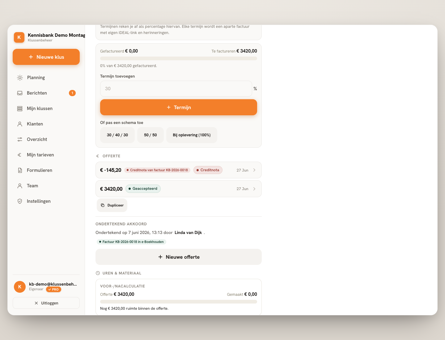 Stap 1 — Bestaande offertes staan in het offerteblok.