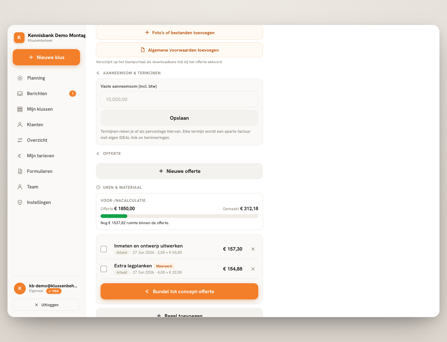 Stap 3 — De offerteknop staat in het financiële blok van de klus.