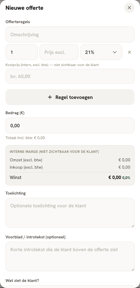 Stap 4 — Het offertepaneel opent onderin het scherm.