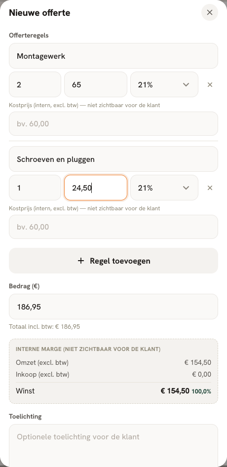 Stap 6 — Arbeid en materiaal staan als aparte regels op de offerte.