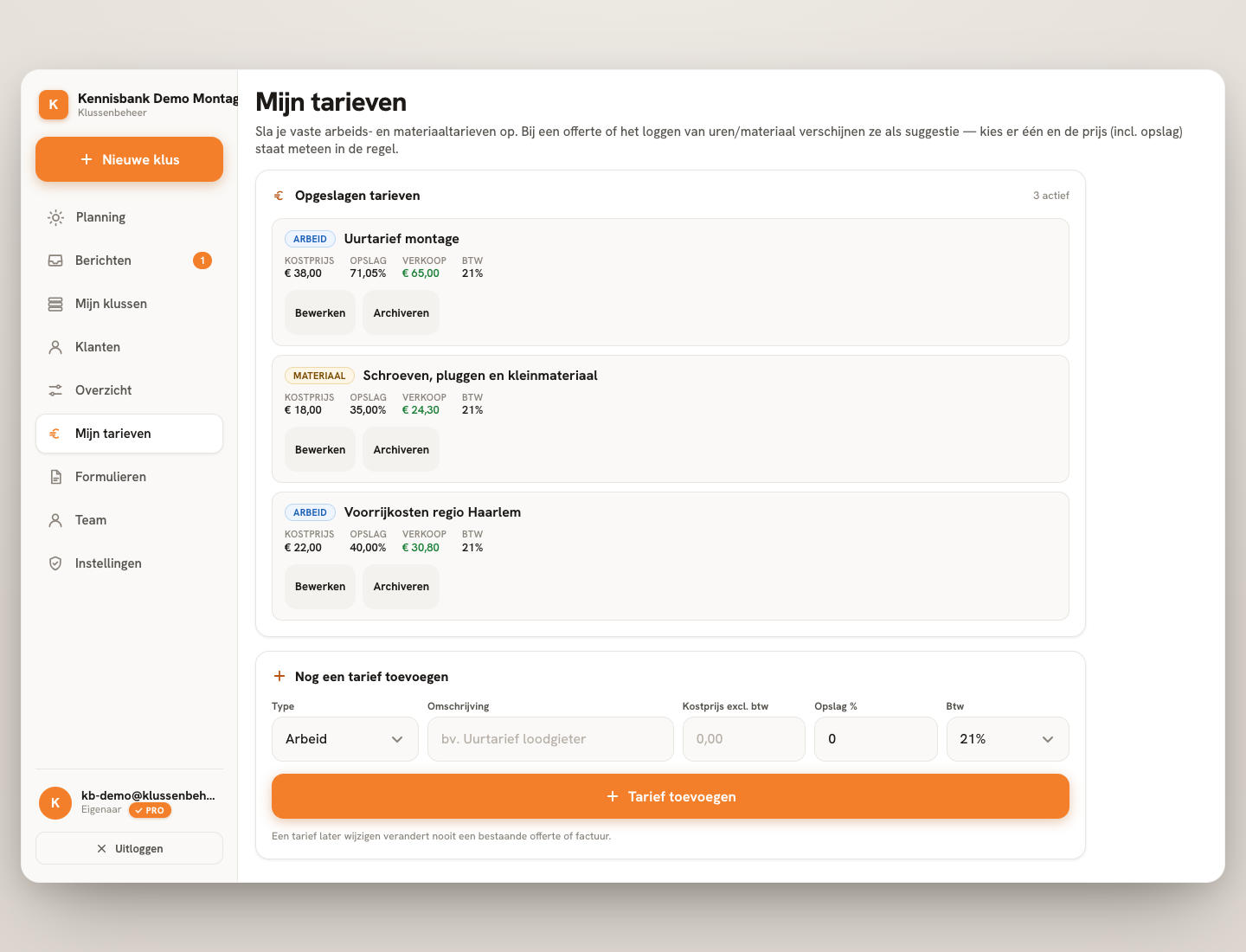 Stap 1 — Bestaande arbeidstarieven staan bovenaan.