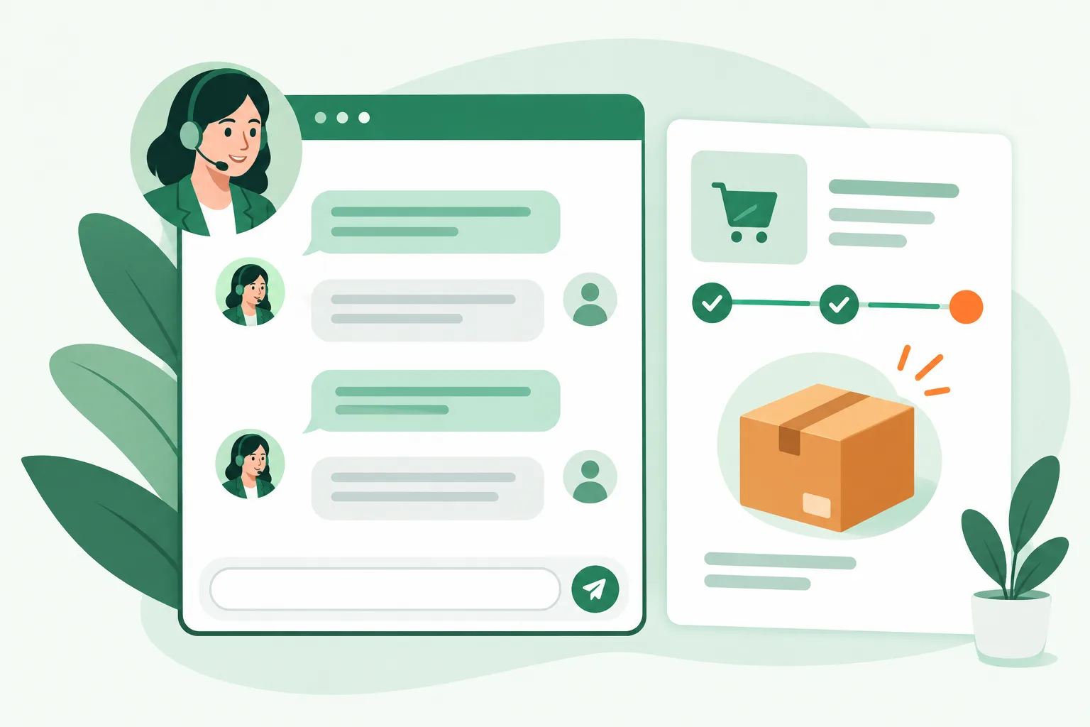 Illustratie van een helpdeskgesprek naast een orderkaart met pakketje, zoals een webshopteam ordercontext bij het gesprek ziet