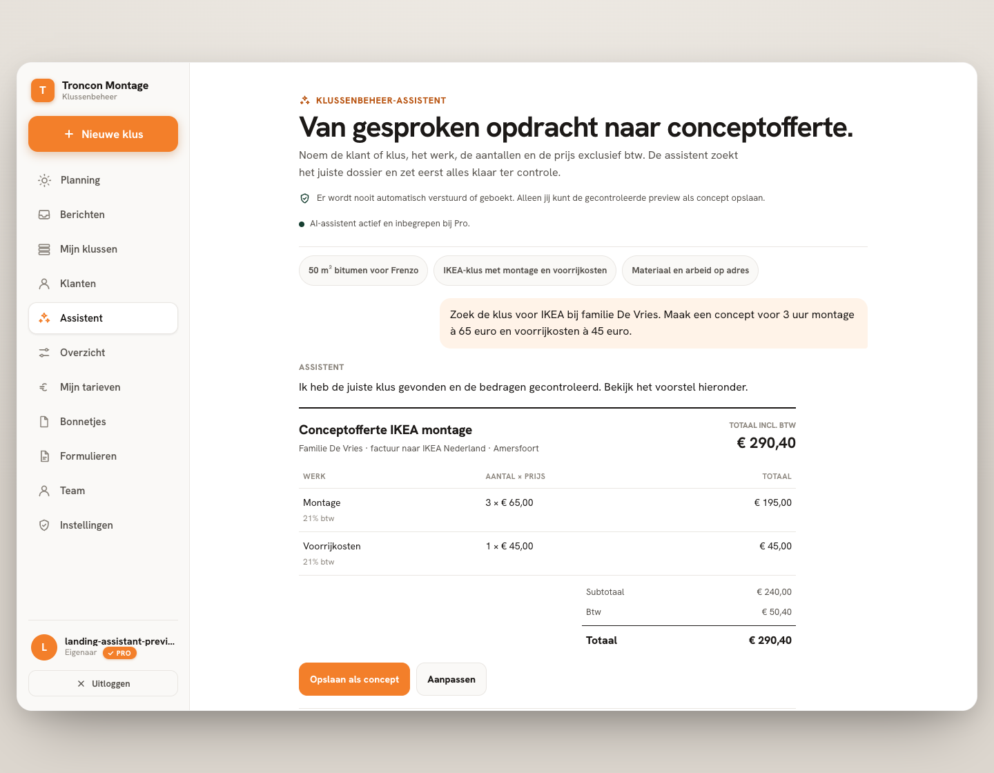 Klussenbeheer-assistent met een gesproken IKEA-opdracht en een controlepreview van de conceptofferte
