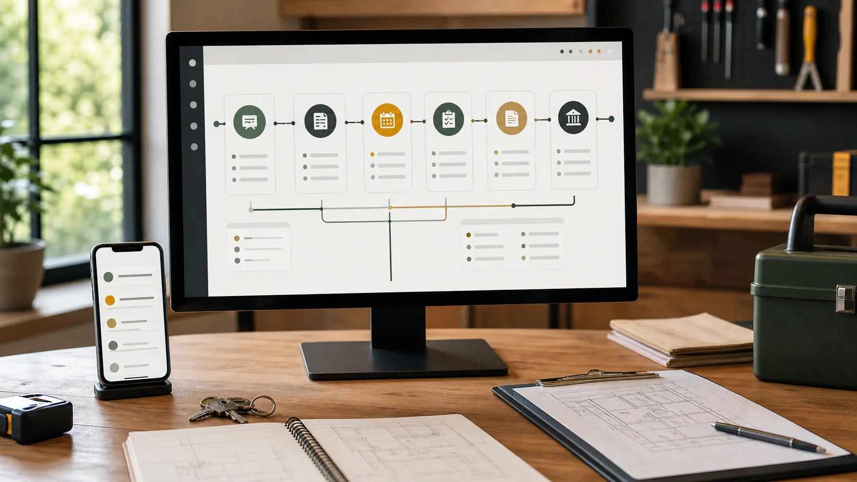 Werkplek met monitor en telefoon waarop een abstracte Klussenbeheer workflow van lead tot factuur staat