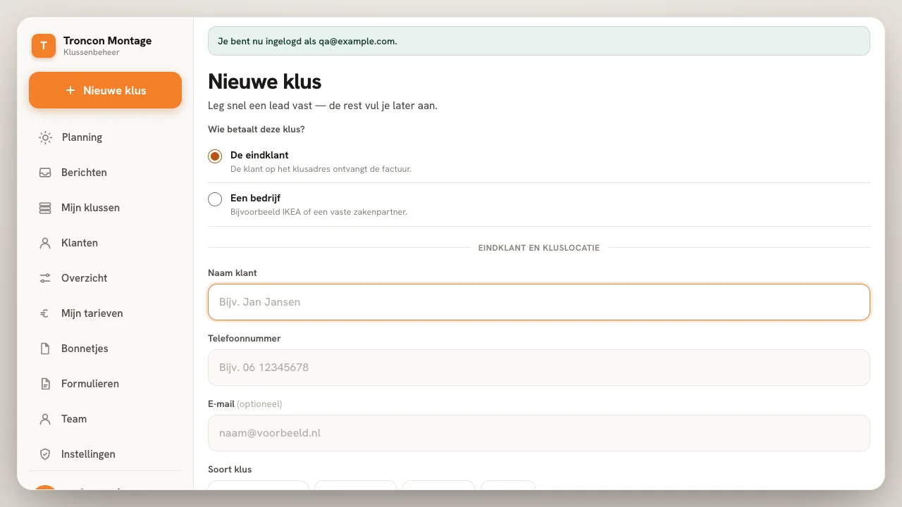 Nieuwe klus in Klussenbeheer met de keuze tussen de eindklant en een bedrijf als betaler