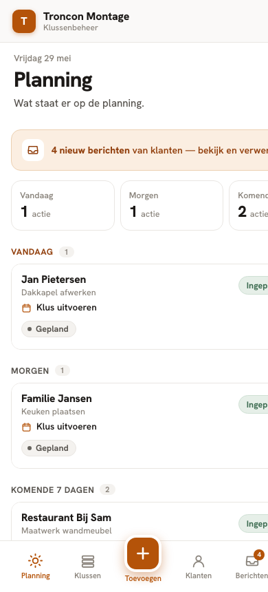 Mobiele planning voor een dakdekker met klussen van vandaag en morgen