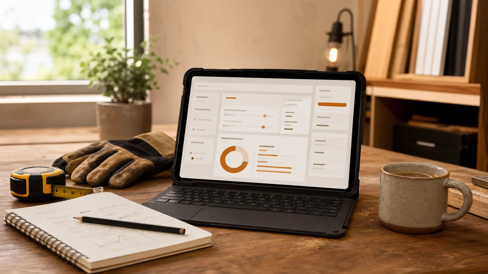 Werkbank met tablet, meetlint en abstract dashboard voor het berekenen van een zzp-uurtarief