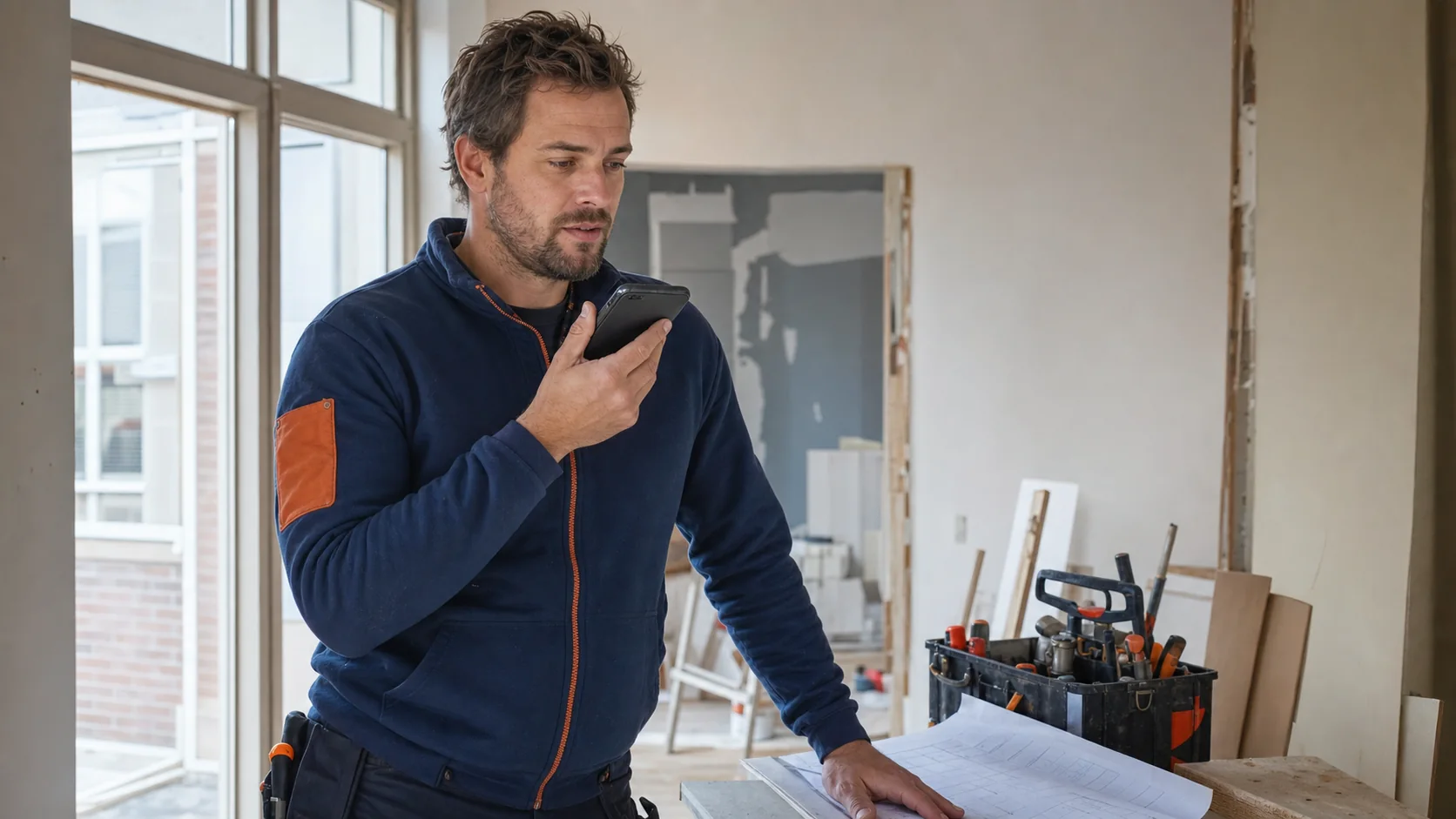 Vakman spreekt op een renovatieklus een opdracht in op zijn telefoon