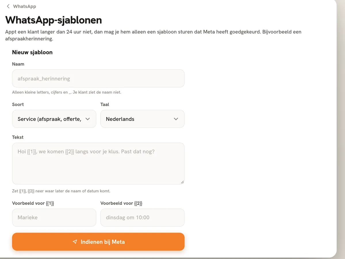 Nieuw WhatsApp-sjabloon maken in Klussenbeheer met vakjes voor naam en datum (demo-account)